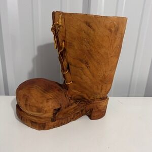 Hand Carved Wooden Boot Sculpture Rustic Folk Art Planter Decor with Laces